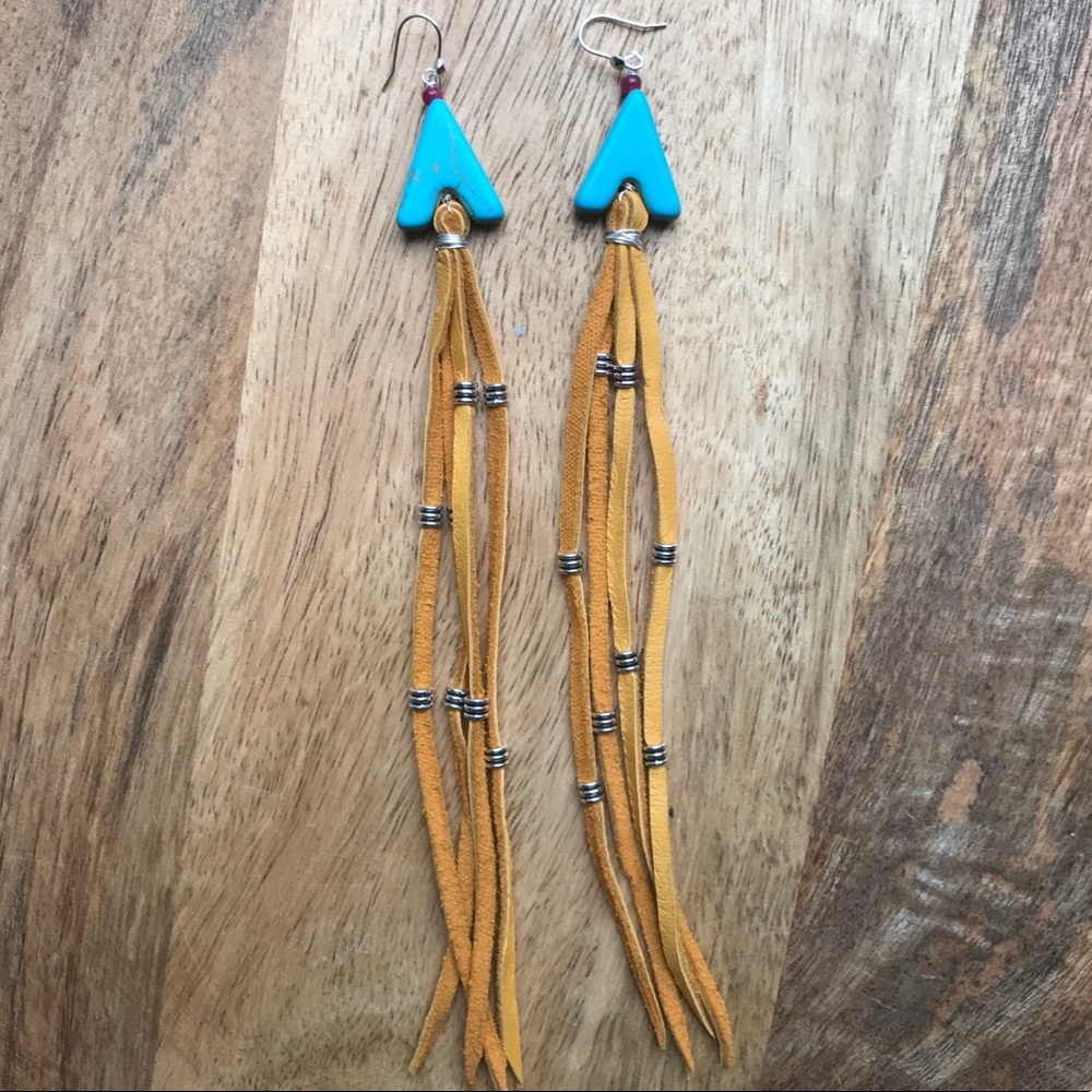 Handmade Long Leather Boho Ruby Gemstone Earrings